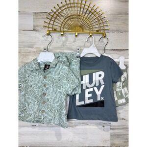 Volcom Hurley Boys 12M Green Grey Linen Set T-Shirt Swim Trunks‎ Bundle Surf